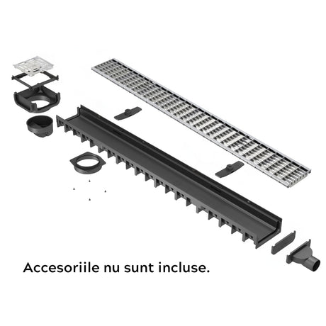 Rigola drenaj GM Rain H30 cu gratar din otel galvanizat, cu accesorii, destinata utilizarii in exterior. Dimensiuni: 1000 mm lungime, 120 m latime, 54.5 mm inaltime. Clasa de incarcare B125 potrivit pentru zone rezidentiale. Accesoriile nu sunt incluse.