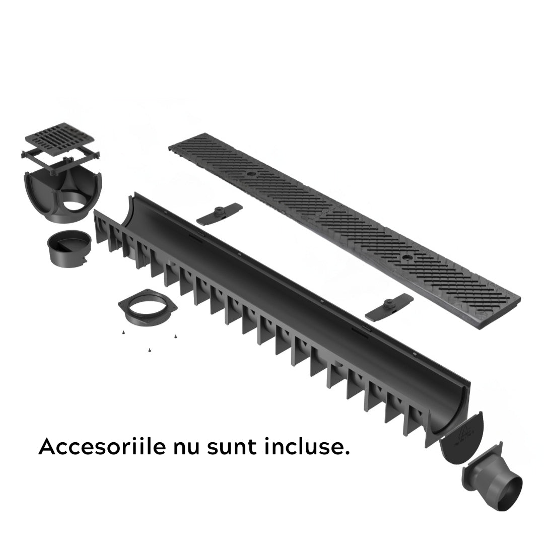 Rigola drenaj GM Rain H70 cu gratar din material compozit, cu accesorii, destinat utilizarii in exterior. Dimensiuni: 1000 mm lungime, 120 mm latime, 92 mm inaltime. Clasa de incarcare B125 potrivita pentru zone rezidentiale. Accesoriile nu sunt incluse.
