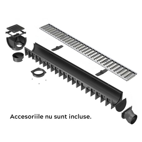 Rigola drenaj GM Rain H70 cu gratar din otel galvanizat, cu accesorii, destinata utilizarii in exterior. Dimensiuni: 1000 mm lungime, 120 mm latime, 92 mm inaltime. Clasa de incarcare B125 este potrivita pentru zone rezidentiale. Accesoriile nu sunt incluse.