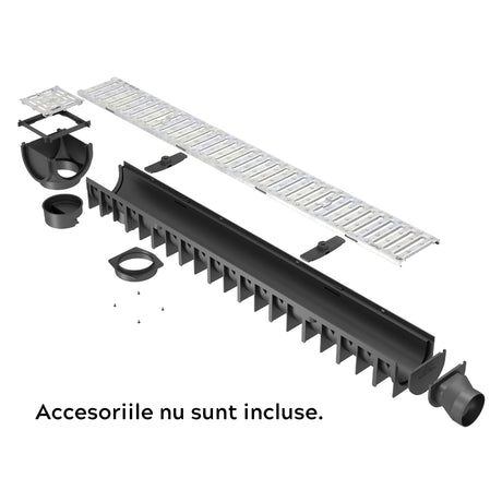 Rigola drenaj GM Rain H70 cu gratar din otel zincat, cu accesorii, destinata utilizarii in exterior. Dimensiuni: 1000 mm lungime, 120 mm latime, 92 mm inaltime. Clasa de incarcare A15 potrivita pentru zone pietonale. Accesoriile nu sunt incluse.