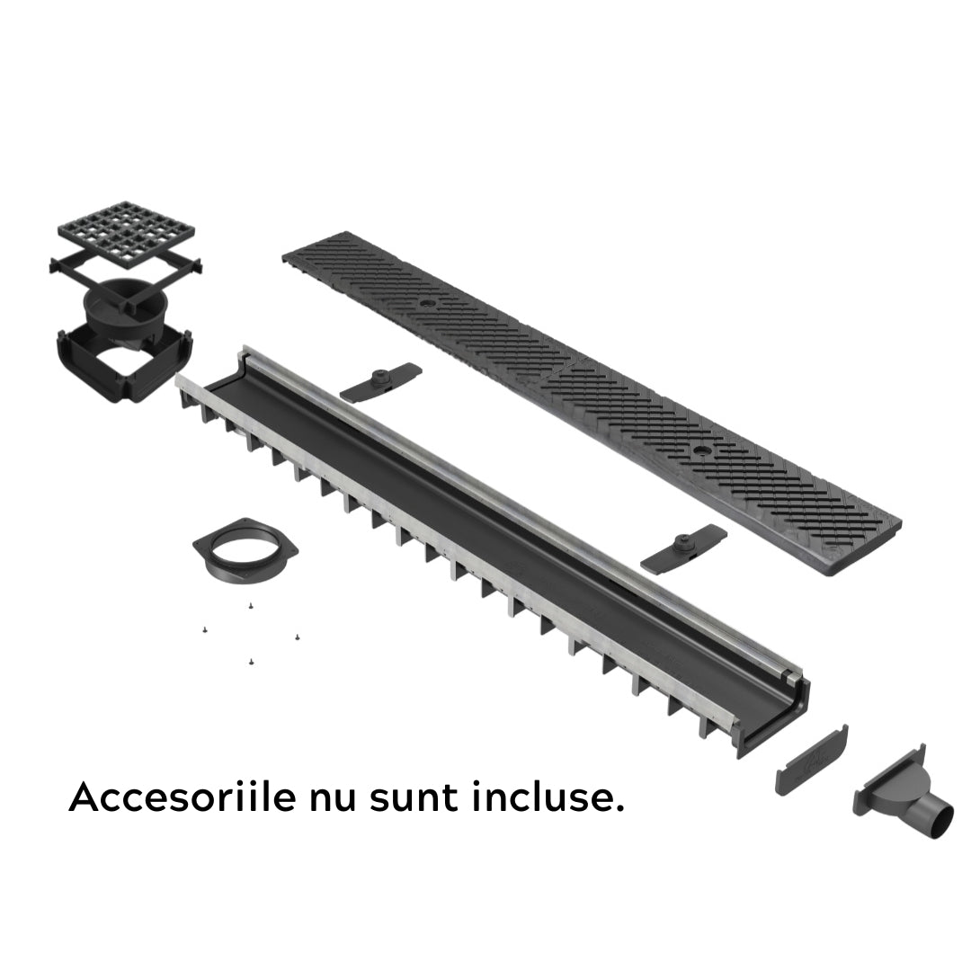 Rigola drenaj GM RainPro H30 cu gratar din material compozit, cu accesorii, destinata utilizarii in exterior. Dimensiuni: 1000 mm lungime, 120 mm latime, 56 mm inaltime. Clasa de incarcare C250 potrivita pentru zone cu trafic intens, precum parcari si drumuri. Accesoriile nu sunt incluse.