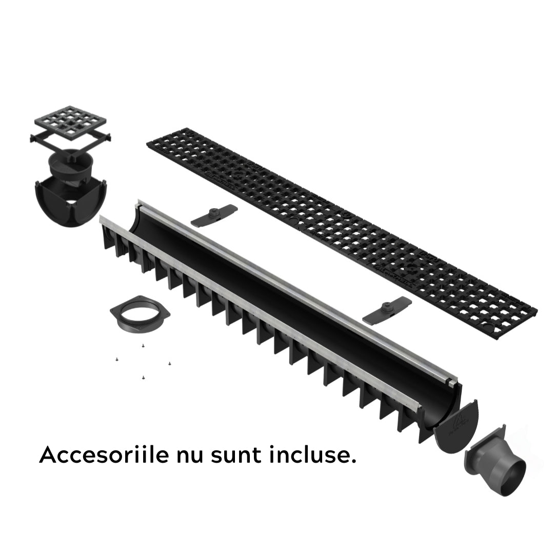 Rigola drenaj GM RainPro H70 cu gratar din fonta ductila, cu accesorii, destinata utilizarii in exterior. Dimensiuni: 1000 mm lungime, 120 mm latime, 93.5 mm inaltime. Clasa de incarcare C250 potrivita pentru zone comerciale si industriale. Accesoriile nu sunt incluse.