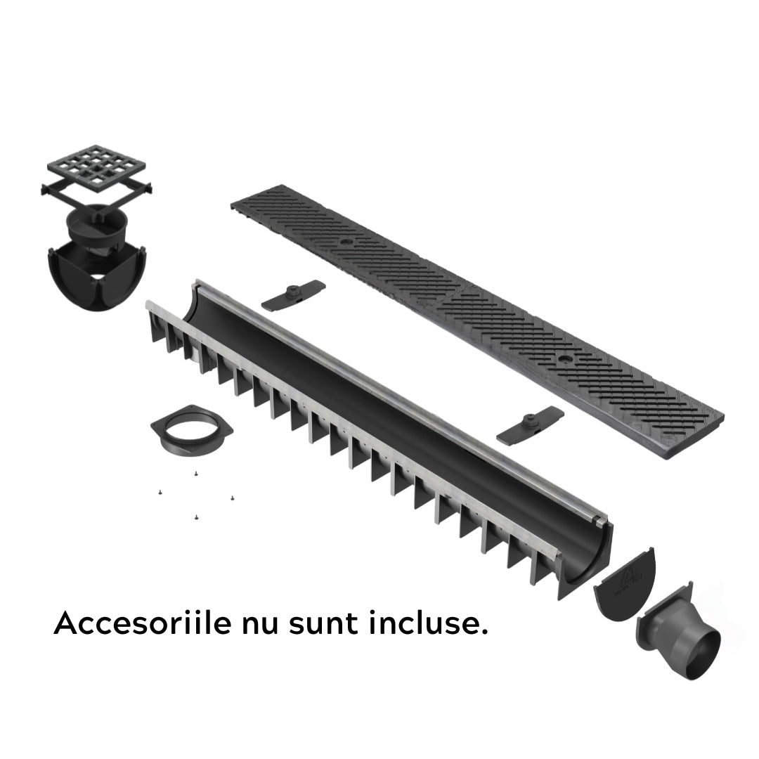 Rigola drenaj GM RainPro H70 cu gratar din  material compozit, cu accesorii, destinata utilizarii in exterior. Dimensiuni: 1000 mm lungime, 120 mm latime, 93.5 mm inaltime. Clasa de incarcare C250 potrivita pentru zone comerciale si industriale. Accesoriile nu sunt incluse.