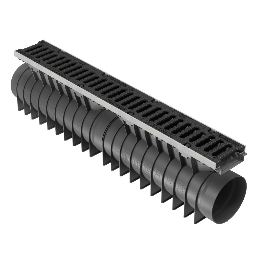 Rigolă Gimani Construct Pro cu Grătar Fonta, 1000x160x245mm, D400, Margine Otel Zincat, Sistem fixare