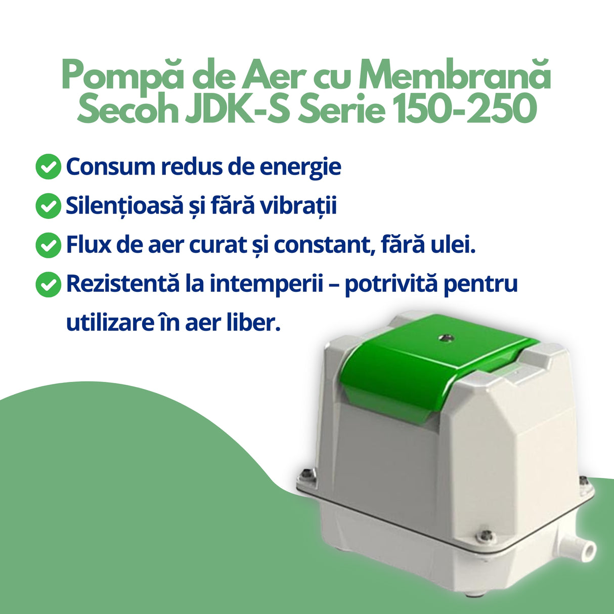 Suflanta cu membrană Secoh JDK-S-250, echipament robust și eficient pentru epurarea apelor uzate, cu consum redus de energie și flux constant de aer, ideală pentru procesele de aerare în stațiile de epurare biologică.